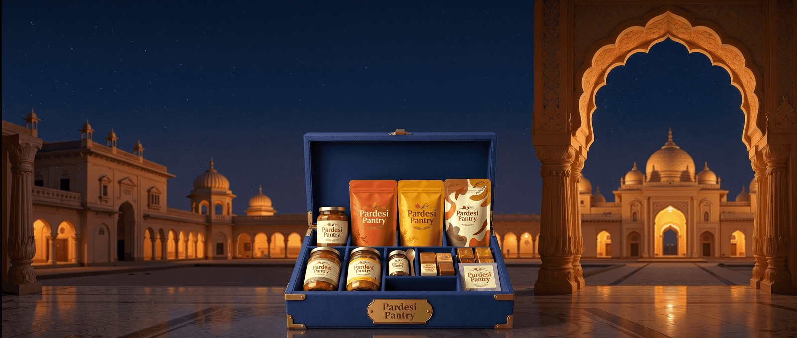 The Pardesi Pantry signature box of Indian snacks, chai and sweets, set in a moonlit Mughal courtyard