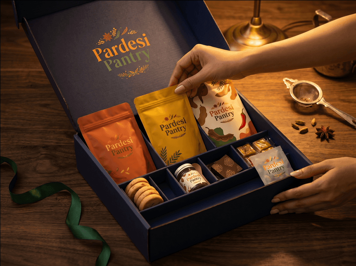 Hands packing a Pardesi Pantry box of snacks, chai and sweets by hand in Melbourne